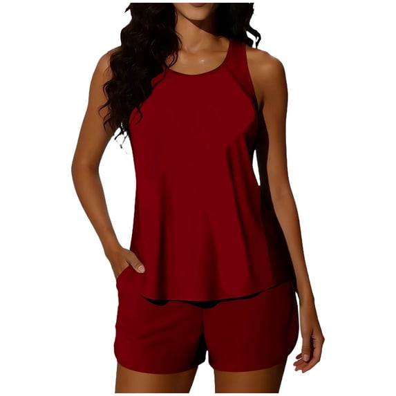 Beach Vacation Bathing Suits for Women Blouson Tankini Swimsuits Modest Racerback Hawaiian Swimming Suit(Red M)