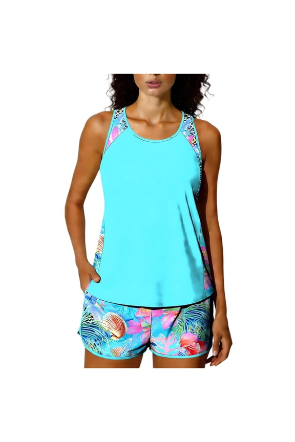 Beach Vacation Bathing Suits for Women Blouson Tankini Swimsuits Modest Racerback Hawaiian Swimming Suit(Sky Blue XL)