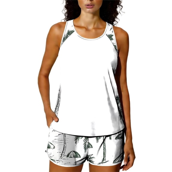 Beach Vacation Bathing Suits for Women Blouson Tankini Swimsuits Modest Racerback Hawaiian Swimming Suit(White L)