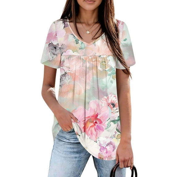 Beach Vacation Blouse Lightweight Office Outfit, Cruise Wear Tropical Shirts Hawaiian Outfits for Women Tops Summer 2025 Spring Women's Casual V-Neck Short-Sleeved Chest Pink Xl