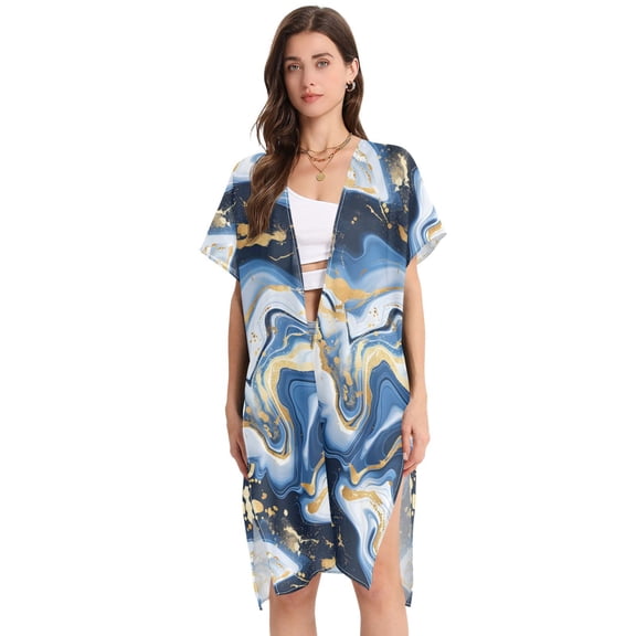 Beach Vacation Clothes Kimono Cardigan Loose Swimsuit Cover Up for Women Abstract Blue Gold Marble M