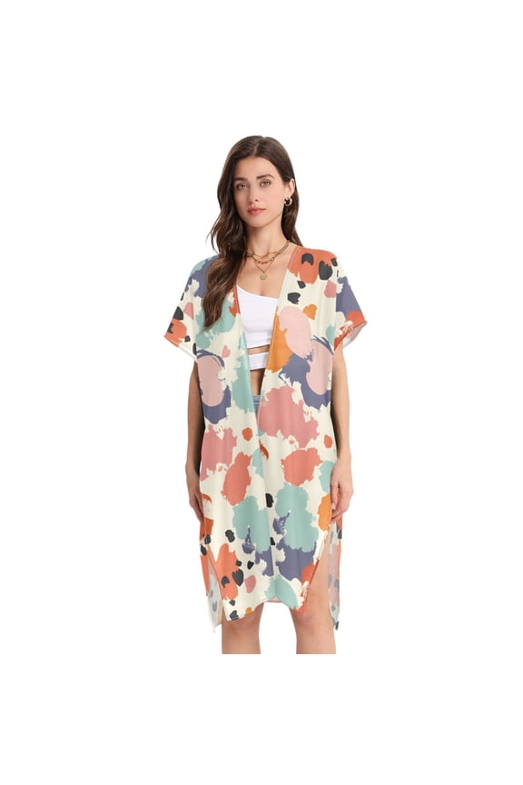 Beach Vacation Clothes Kimono Cardigan Loose Swimsuit Cover Up for Women Abstract Splashes Paint L