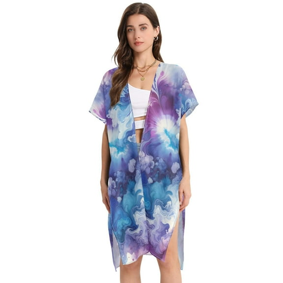 Beach Vacation Clothes Kimono Cardigan Loose Swimsuit Cover Up for Women Abstract Tie Dyeing M