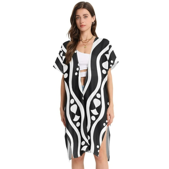 Beach Vacation Clothes Kimono Cardigan Loose Swimsuit Cover Up for Women African Tribal Lines and Dots M