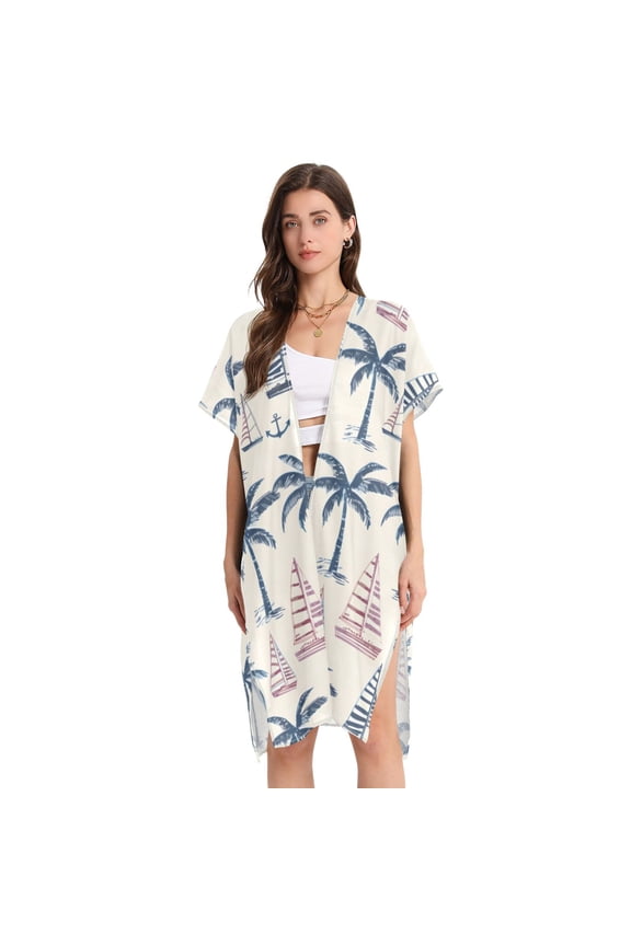 Beach Vacation Clothes Kimono Cardigan Loose Swimsuit Cover Up for Women Anchor Palm Tree Ship M