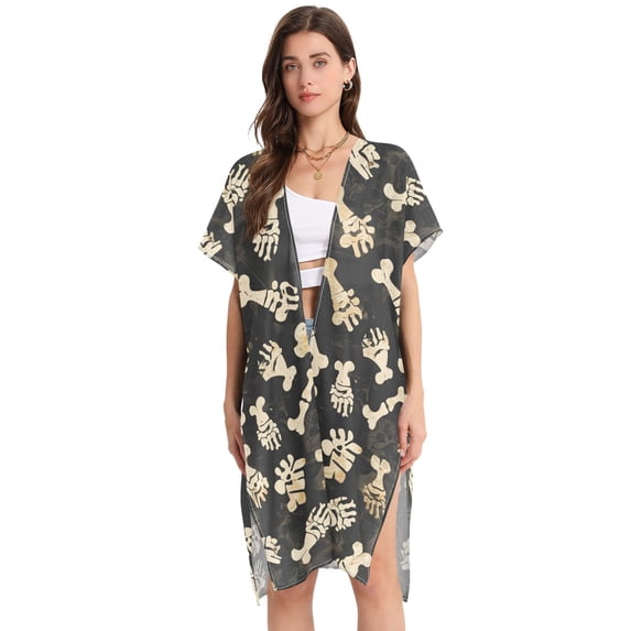 Beach Vacation Clothes Kimono Cardigan Loose Swimsuit Cover Up for Women Animal Footprints and Bones L