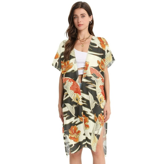 Beach Vacation Clothes Kimono Cardigan Loose Swimsuit Cover Up for Women Asian Goldfish M