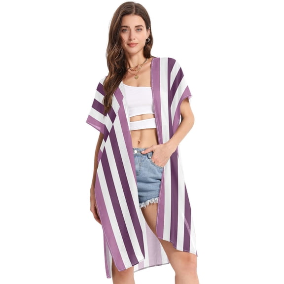 Beach Vacation Clothes Kimono Cardigan Loose Swimsuit Cover Up for Women Aubergine and White Stripes S
