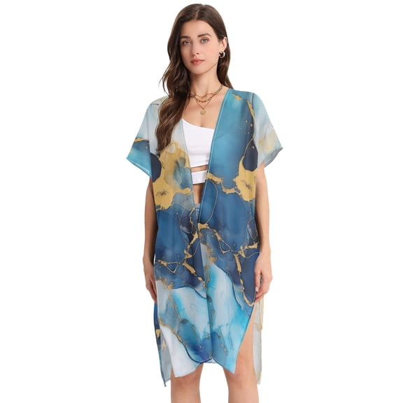 Beach Vacation Clothes Kimono Cardigan Loose Swimsuit Cover Up for Women Azure Blue Gold Marble L