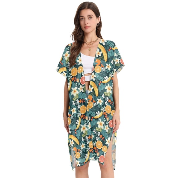 Beach Vacation Clothes Kimono Cardigan Loose Swimsuit Cover Up for Women Banana Orange Berry Flower M