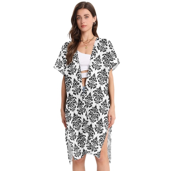 Beach Vacation Clothes Kimono Cardigan Loose Swimsuit Cover Up for Women Baroque Black Damask Figure M