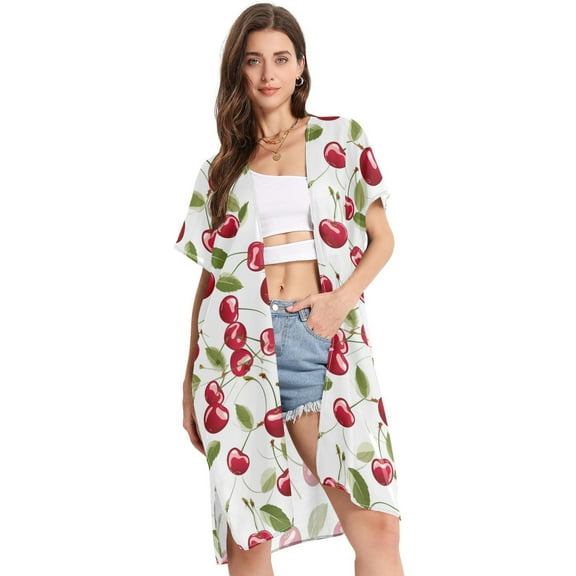 Beach Vacation Clothes Kimono Cardigan Loose Swimsuit Cover Up for Women Beautiful Cherry Fruits S