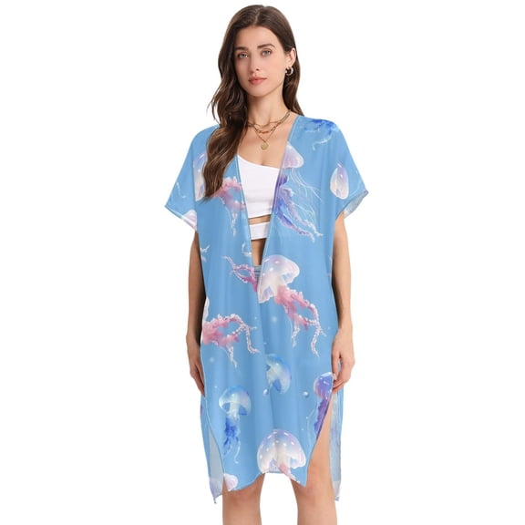 Beach Vacation Clothes Kimono Cardigan Loose Swimsuit Cover Up for Women Beautiful Cute Jellyfish L