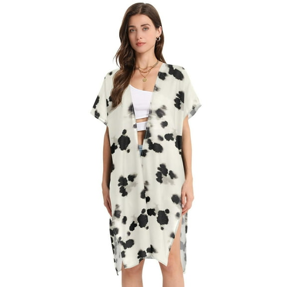 Beach Vacation Clothes Kimono Cardigan Loose Swimsuit Cover Up for Women Black Cow Spots L