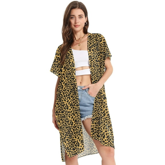Beach Vacation Clothes Kimono Cardigan Loose Swimsuit Cover Up for Women Black Leopard Print S
