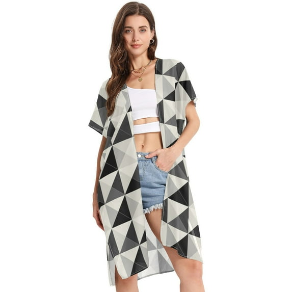 Beach Vacation Clothes Kimono Cardigan Loose Swimsuit Cover Up for Women Black White Geometric S
