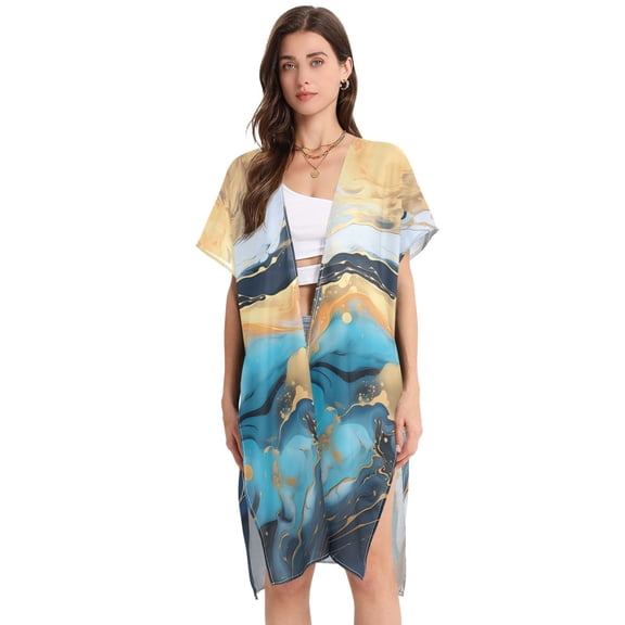 Beach Vacation Clothes Kimono Cardigan Loose Swimsuit Cover Up for Women Blue White Gold Marble L