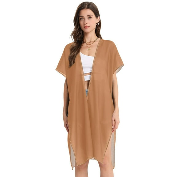 Beach Vacation Clothes Kimono Cardigan Loose Swimsuit Cover Up for Women Brown L