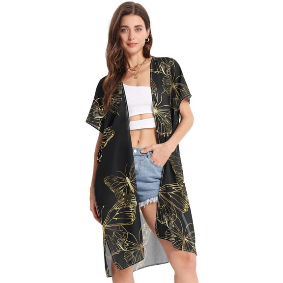 Beach Vacation Clothes Kimono Cardigan Loose Swimsuit Cover Up for Women Butterflies Golden Outline S