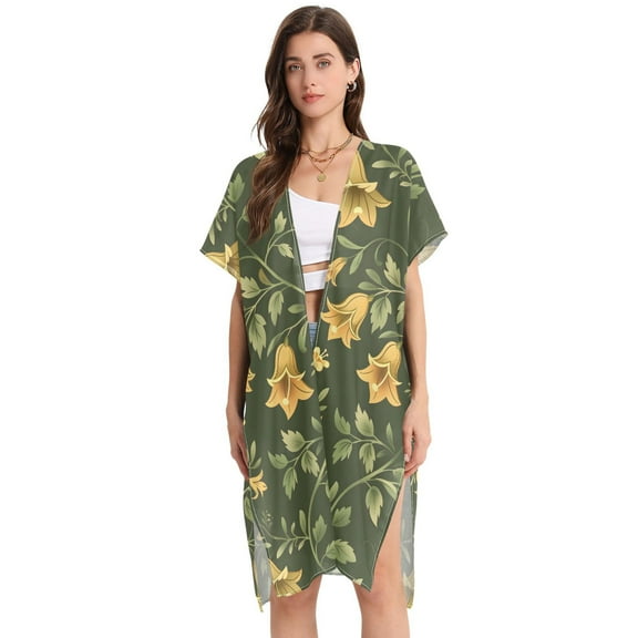 Beach Vacation Clothes Kimono Cardigan Loose Swimsuit Cover Up for Women Campanula Flowers and Foliage L