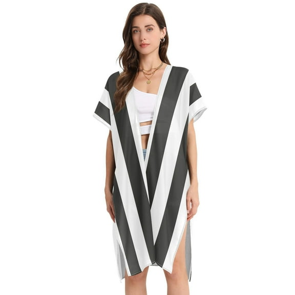 Beach Vacation Clothes Kimono Cardigan Loose Swimsuit Cover Up for Women Carbon Black and White Stripes M