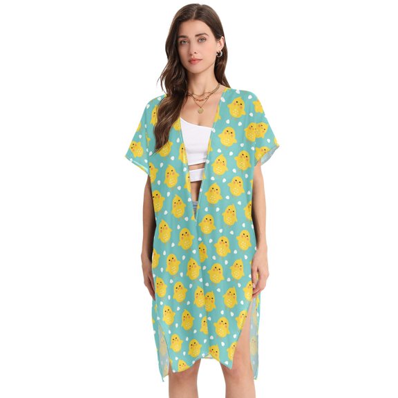 Beach Vacation Clothes Kimono Cardigan Loose Swimsuit Cover Up for Women Cartoon Chicken with Eggs M