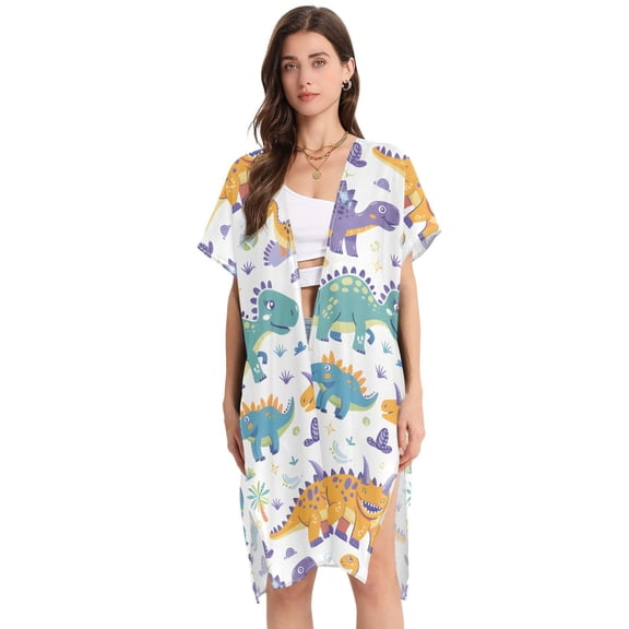 Beach Vacation Clothes Kimono Cardigan Loose Swimsuit Cover Up for Women Cartoon Dinosaurs and Tree L