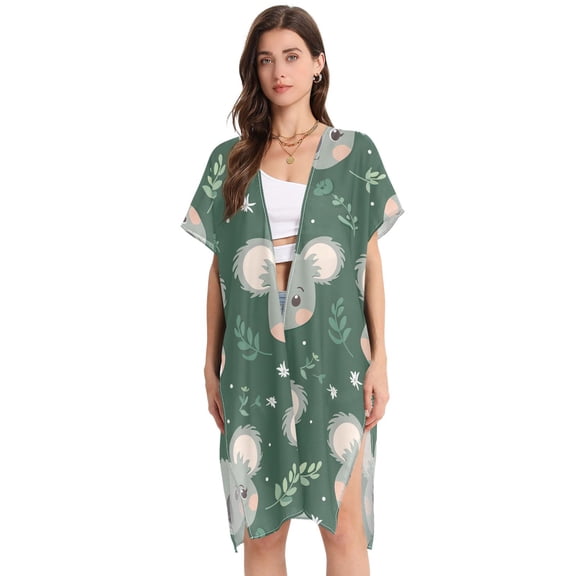 Beach Vacation Clothes Kimono Cardigan Loose Swimsuit Cover Up for Women Cartoon Koala Face L