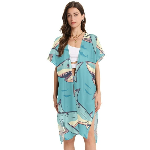 Beach Vacation Clothes Kimono Cardigan Loose Swimsuit Cover Up for Women Cartoon Sharks with Fish Shadow L