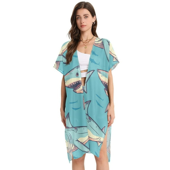 Beach Vacation Clothes Kimono Cardigan Loose Swimsuit Cover Up for Women Cartoon Sharks with Fish Shadow M