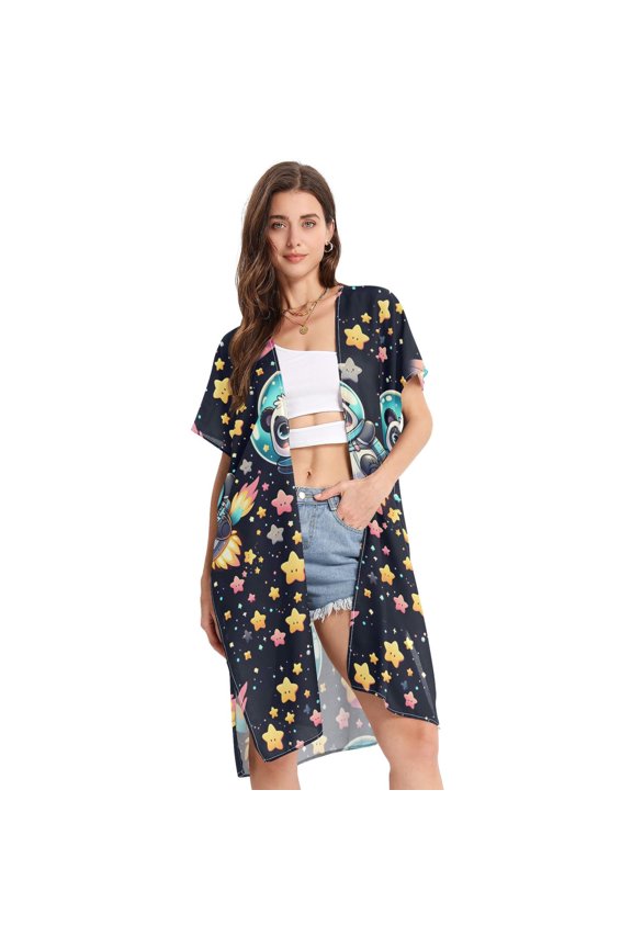 Beach Vacation Clothes Kimono Cardigan Loose Swimsuit Cover Up for Women Cartoon Space Panda and Star S