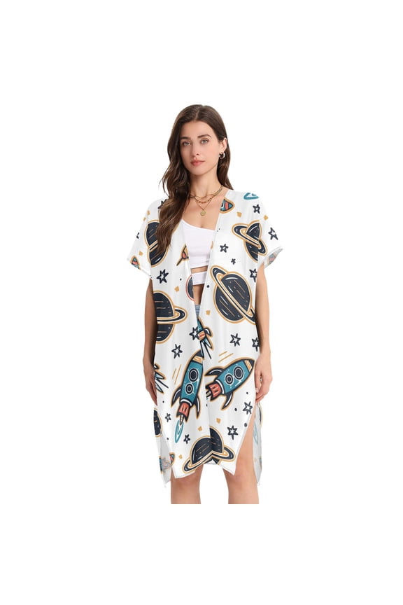 Beach Vacation Clothes Kimono Cardigan Loose Swimsuit Cover Up for Women Cartoon Space Rockets and Planets L