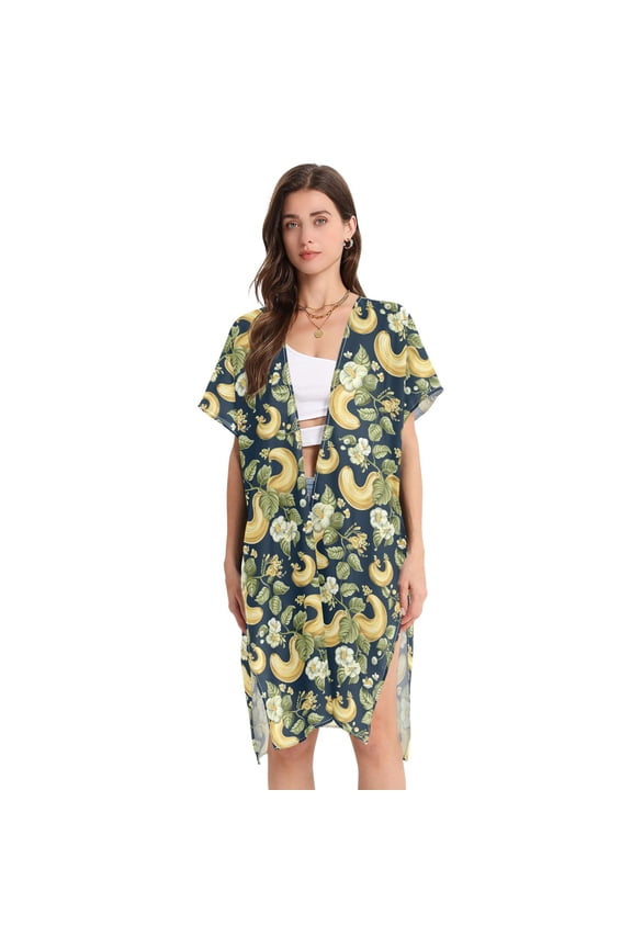 Beach Vacation Clothes Kimono Cardigan Loose Swimsuit Cover Up for Women Cashew Fruit with Flowers L