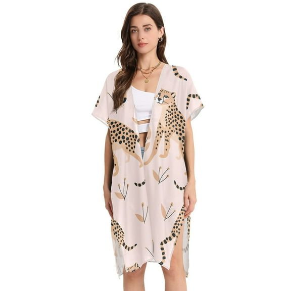 Beach Vacation Clothes Kimono Cardigan Loose Swimsuit Cover Up for Women Cheetah Leopard M