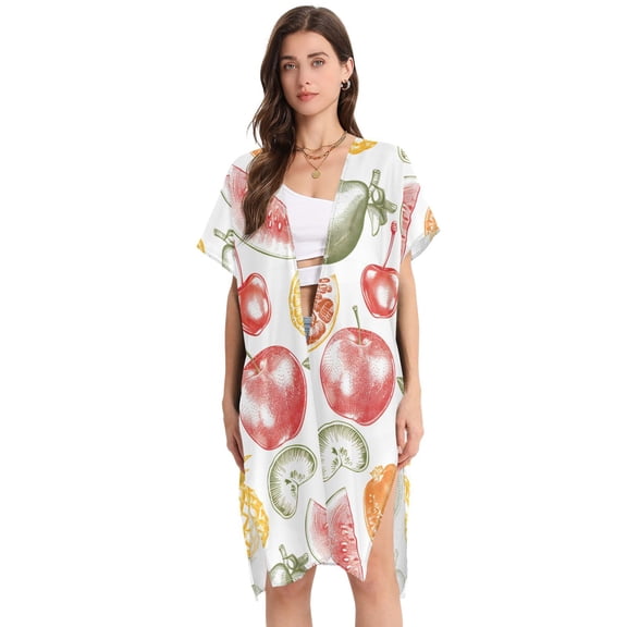Beach Vacation Clothes Kimono Cardigan Loose Swimsuit Cover Up for Women Cherry Kiwifruit Apple Watermelon L