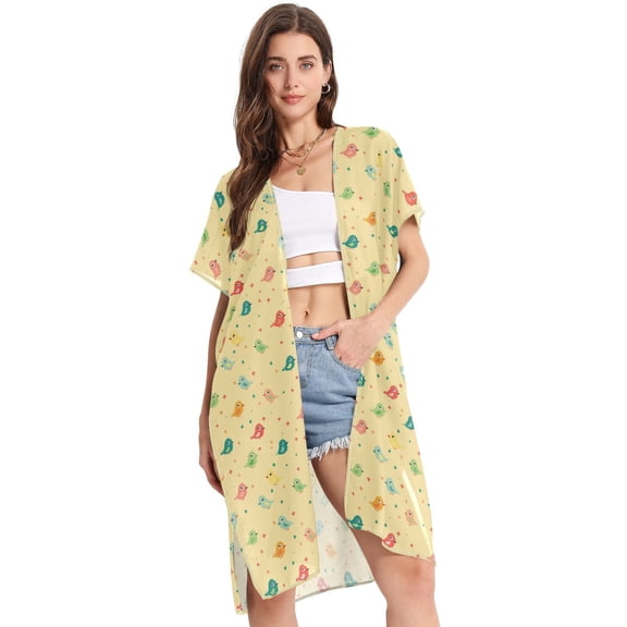 Beach Vacation Clothes Kimono Cardigan Loose Swimsuit Cover Up for Women Colorful Birds and Stars S