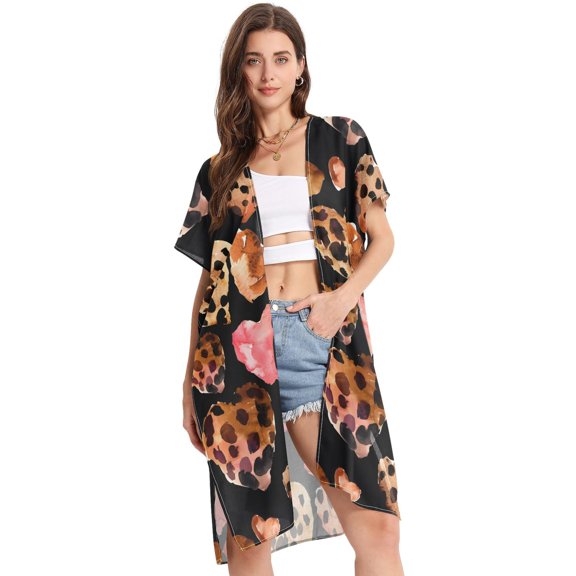 Beach Vacation Clothes Kimono Cardigan Loose Swimsuit Cover Up for Women Colorful Leopard Skin Heart S