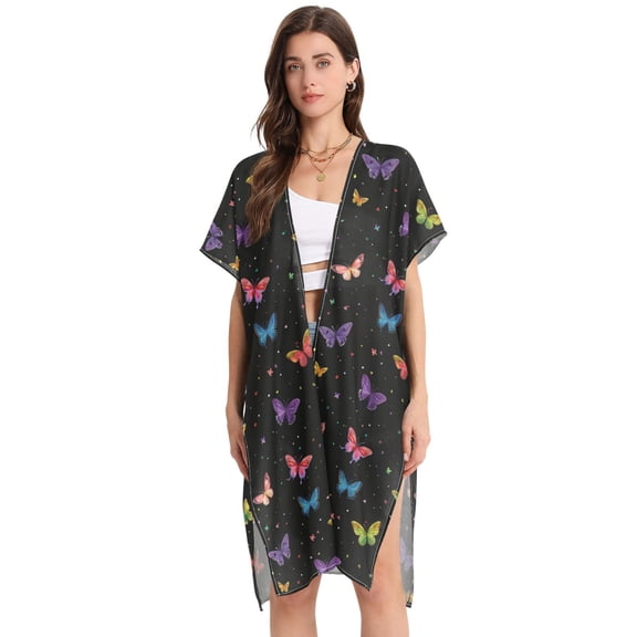 Beach Vacation Clothes Kimono Cardigan Loose Swimsuit Cover Up for Women Colorful Little Butterflies M