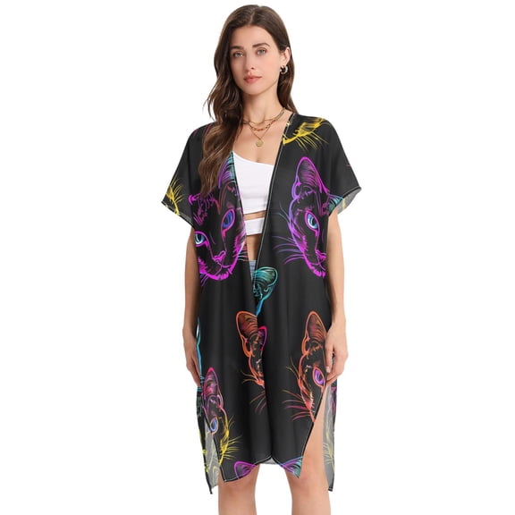 Beach Vacation Clothes Kimono Cardigan Loose Swimsuit Cover Up for Women Colorful Neon Cat Heads M