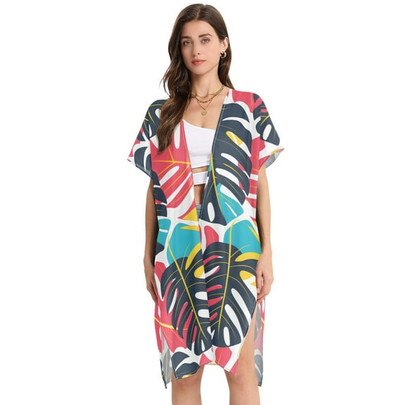 Beach Vacation Clothes Kimono Cardigan Loose Swimsuit Cover Up for Women Colorful Palm Leaf L