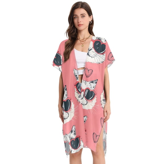 Beach Vacation Clothes Kimono Cardigan Loose Swimsuit Cover Up for Women Cool Cats with Sunglasses and Heart M