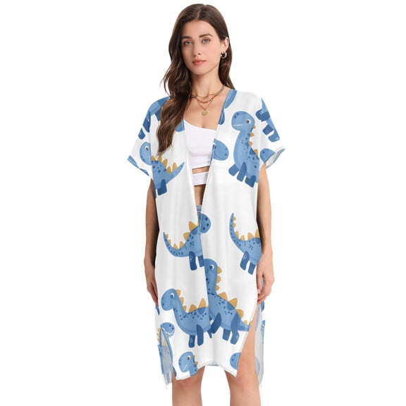 Beach Vacation Clothes Kimono Cardigan Loose Swimsuit Cover Up for Women Cool Hand Drawn Dinosaurs L