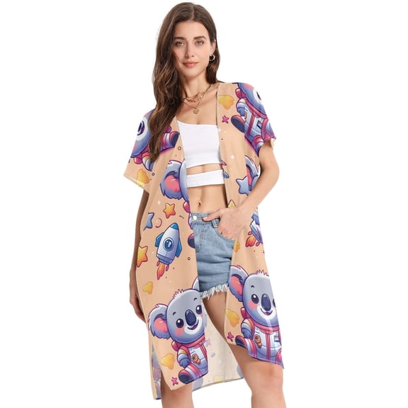 Beach Vacation Clothes Kimono Cardigan Loose Swimsuit Cover Up for Women Cute Astronaut Koala S