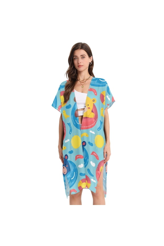 Beach Vacation Clothes Kimono Cardigan Loose Swimsuit Cover Up for Women Cute Bear and Swimming Circle M