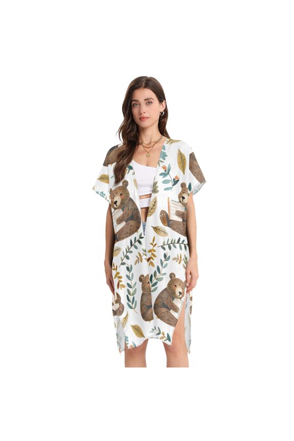 Beach Vacation Clothes Kimono Cardigan Loose Swimsuit Cover Up for Women Cute Bears Read Books M