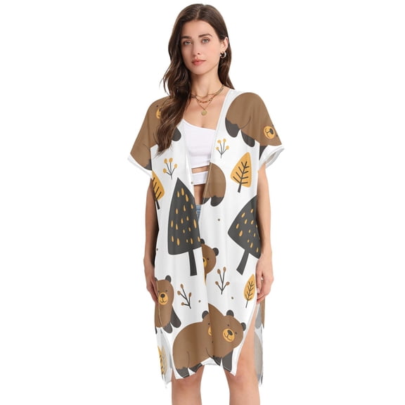 Beach Vacation Clothes Kimono Cardigan Loose Swimsuit Cover Up for Women Cute Bears and Tree L
