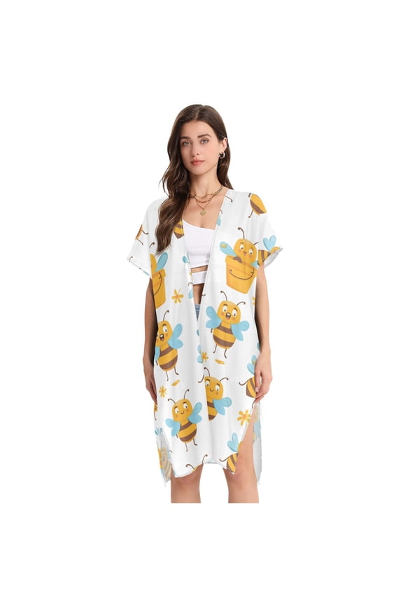 Beach Vacation Clothes Kimono Cardigan Loose Swimsuit Cover Up for Women Cute Cartoon Bees with Bucket M