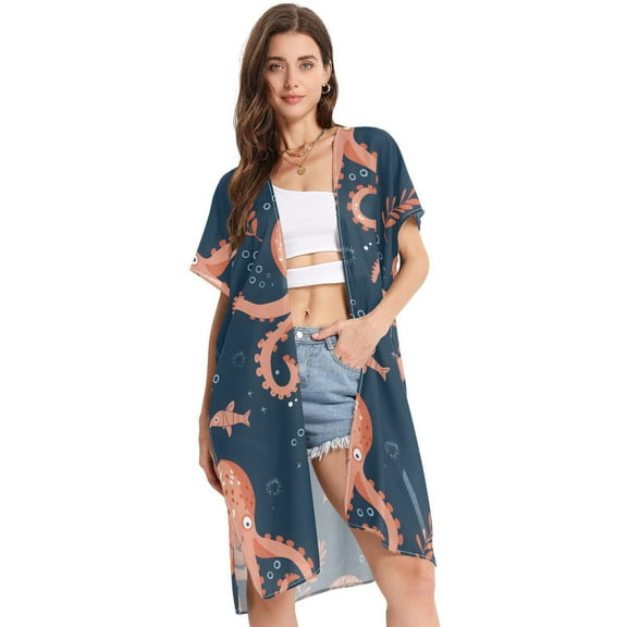 Beach Vacation Clothes Kimono Cardigan Loose Swimsuit Cover Up for Women Cute Cartoon Octopus S