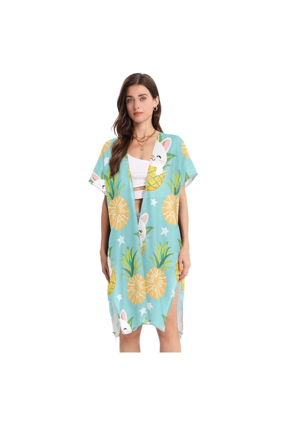 Beach Vacation Clothes Kimono Cardigan Loose Swimsuit Cover Up for Women Cute Cat in Pineapple M