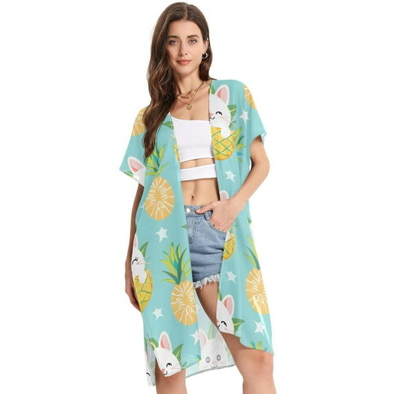 Beach Vacation Clothes Kimono Cardigan Loose Swimsuit Cover Up for Women Cute Cat in Pineapple S